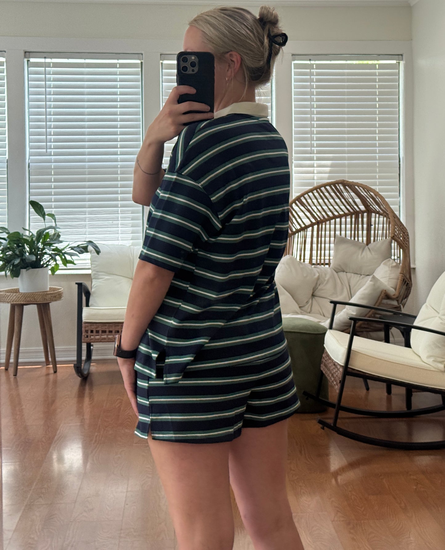Striped Polo Top & Shorts Set - Navy Blue