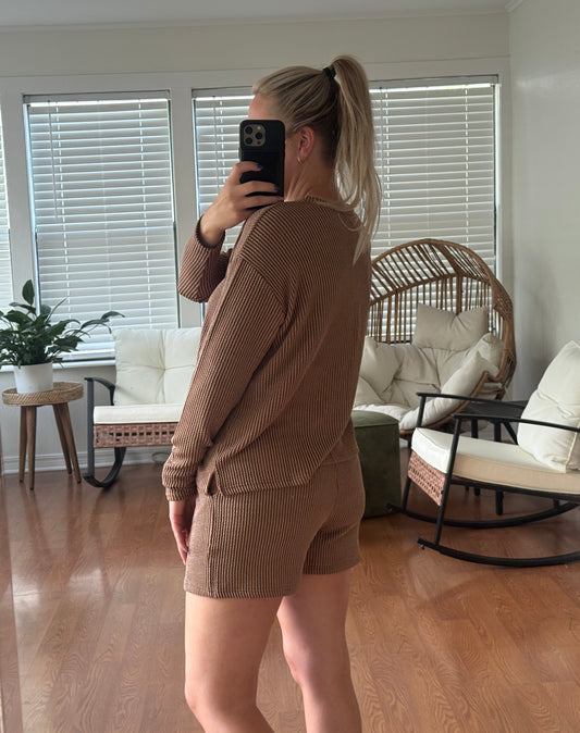 Ribbed Long Sleeve/Shorts Matching Set - Mocha