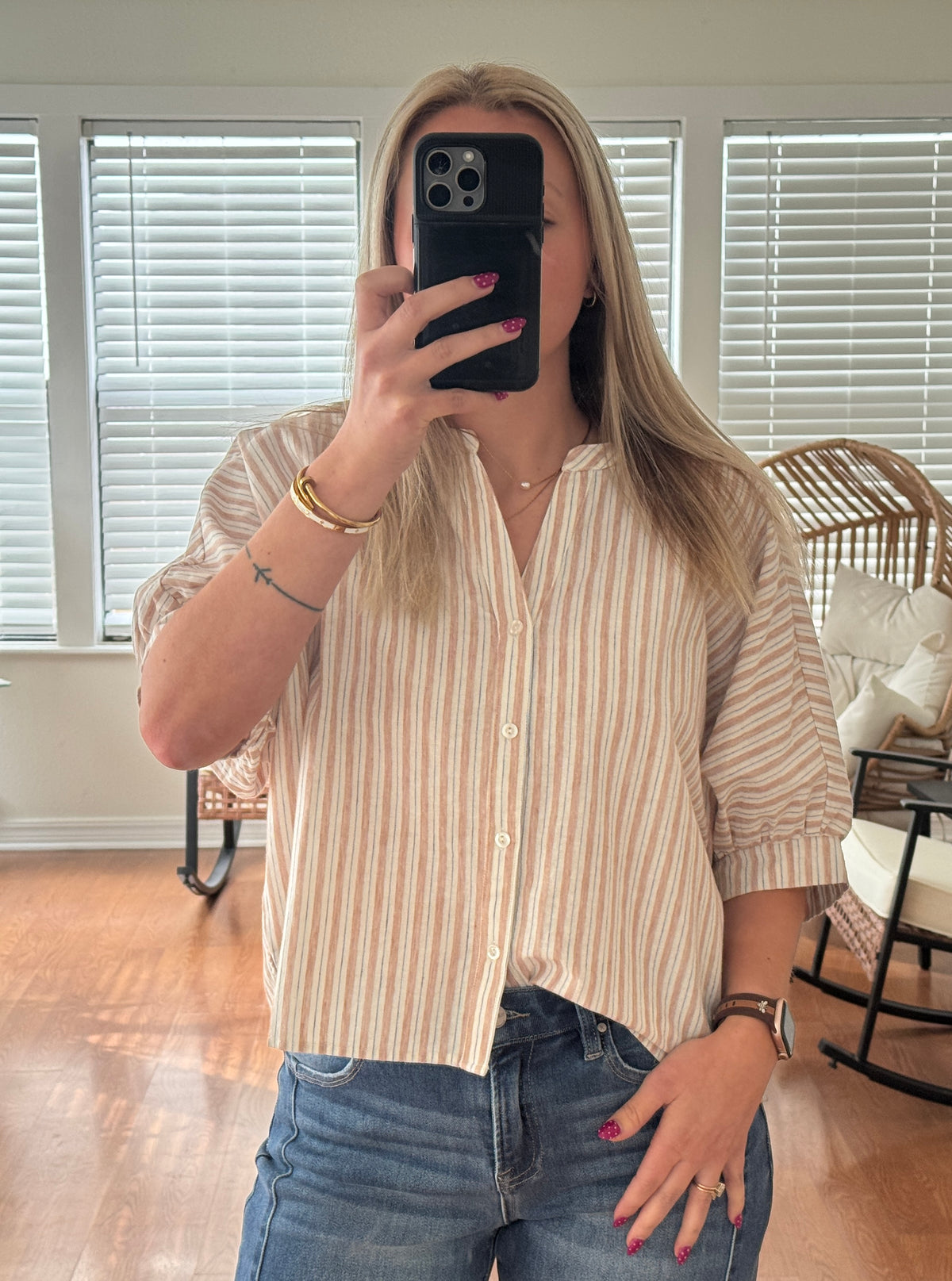 Striped Button Down Short Sleeve Blouse - Tan