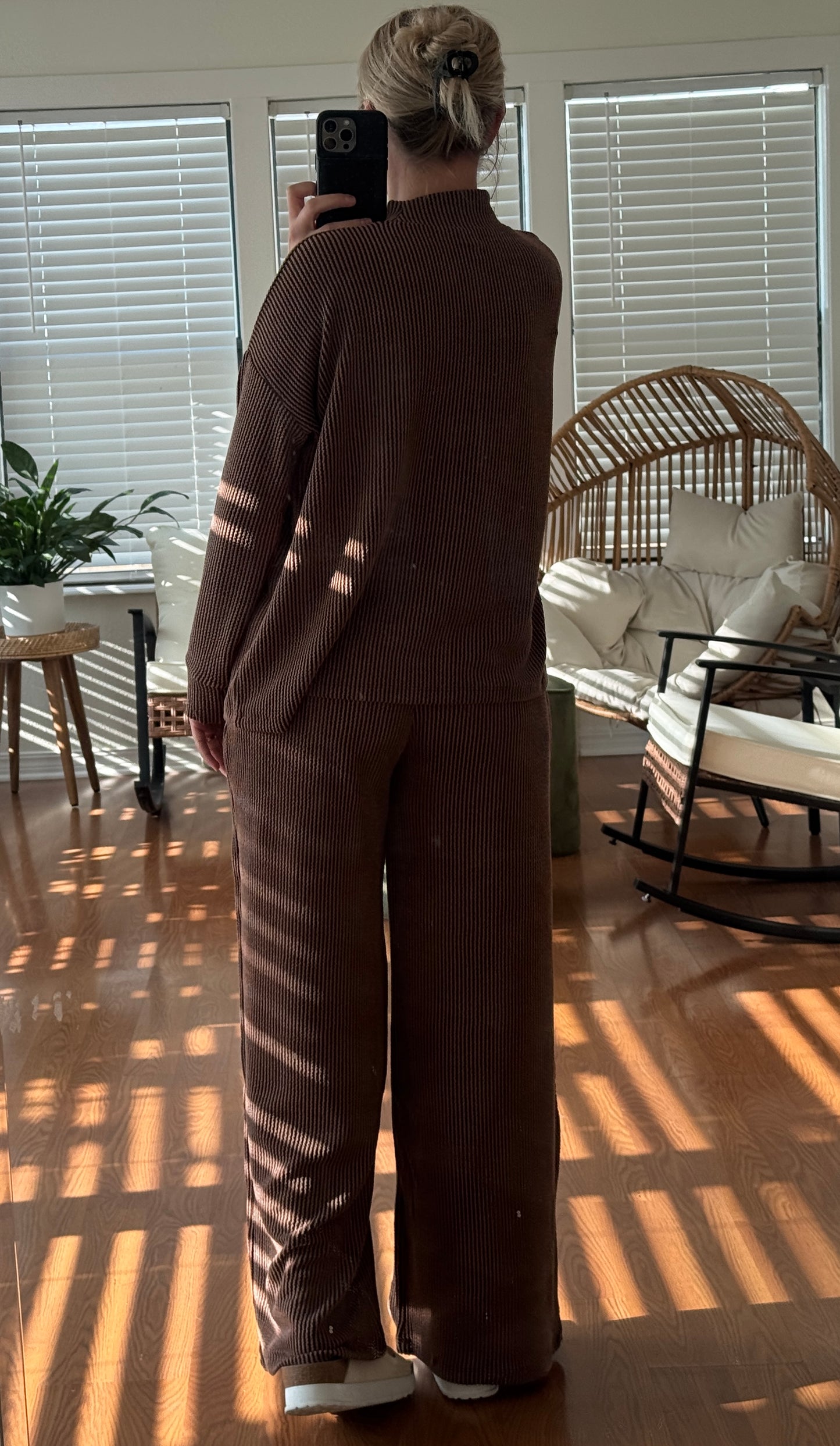 Ribbed Pants L/S Matching Set - Brown
