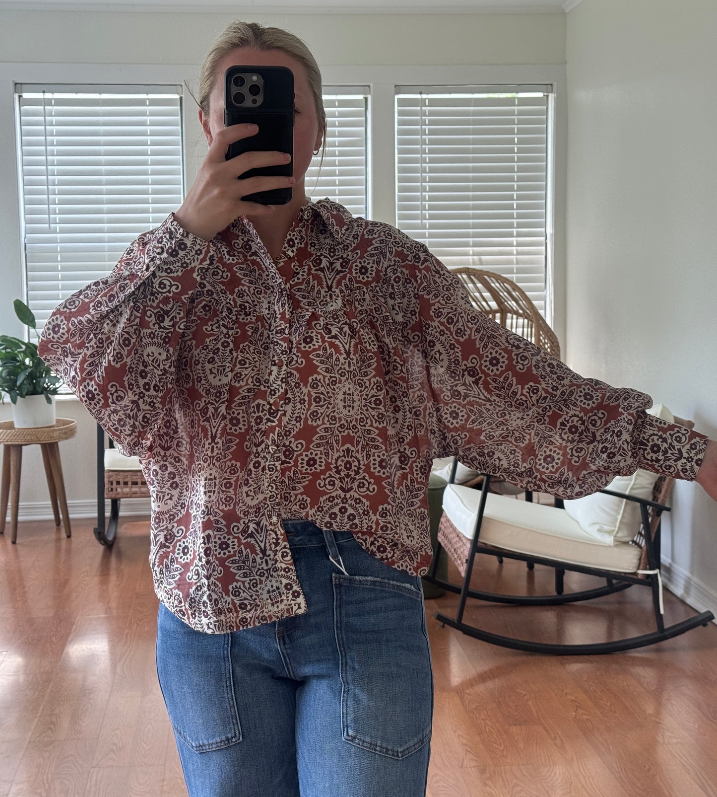 Bohemian Sheer Button Down Blouse - Brown