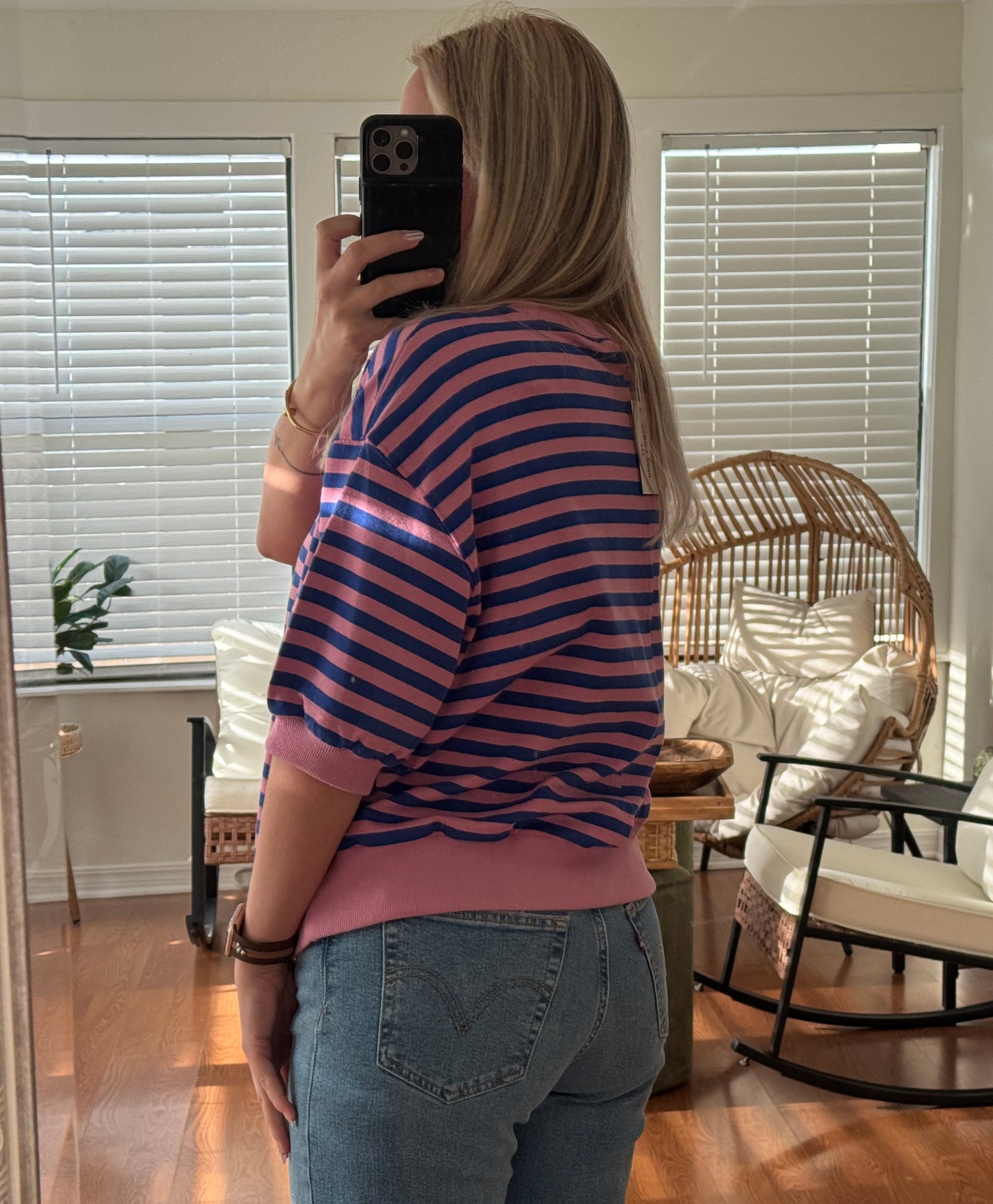 Striped Contrast Trim Top - Pink & Royal Blue