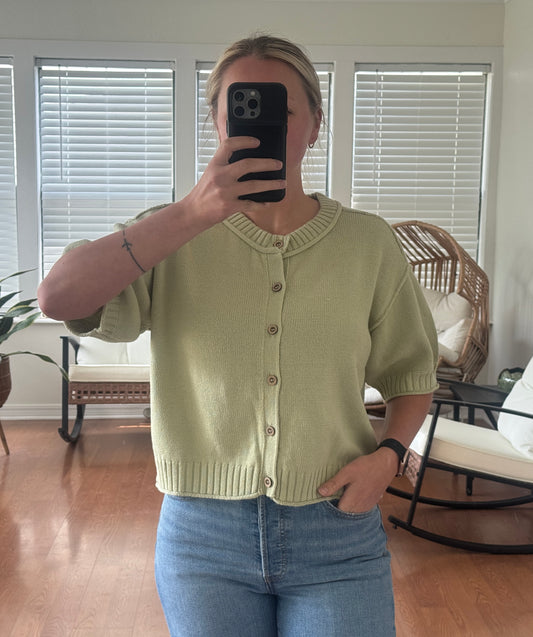Short Sleeve Knit Cardigan - Olive Green