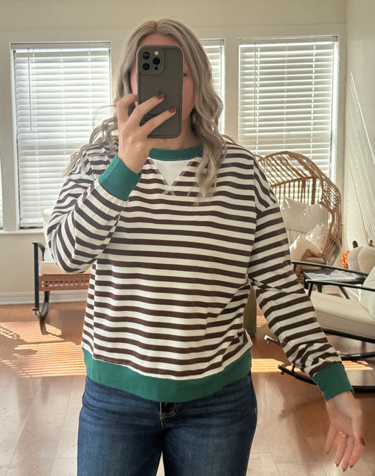 Striped Long Sleeve Pullover - Brown + Green
