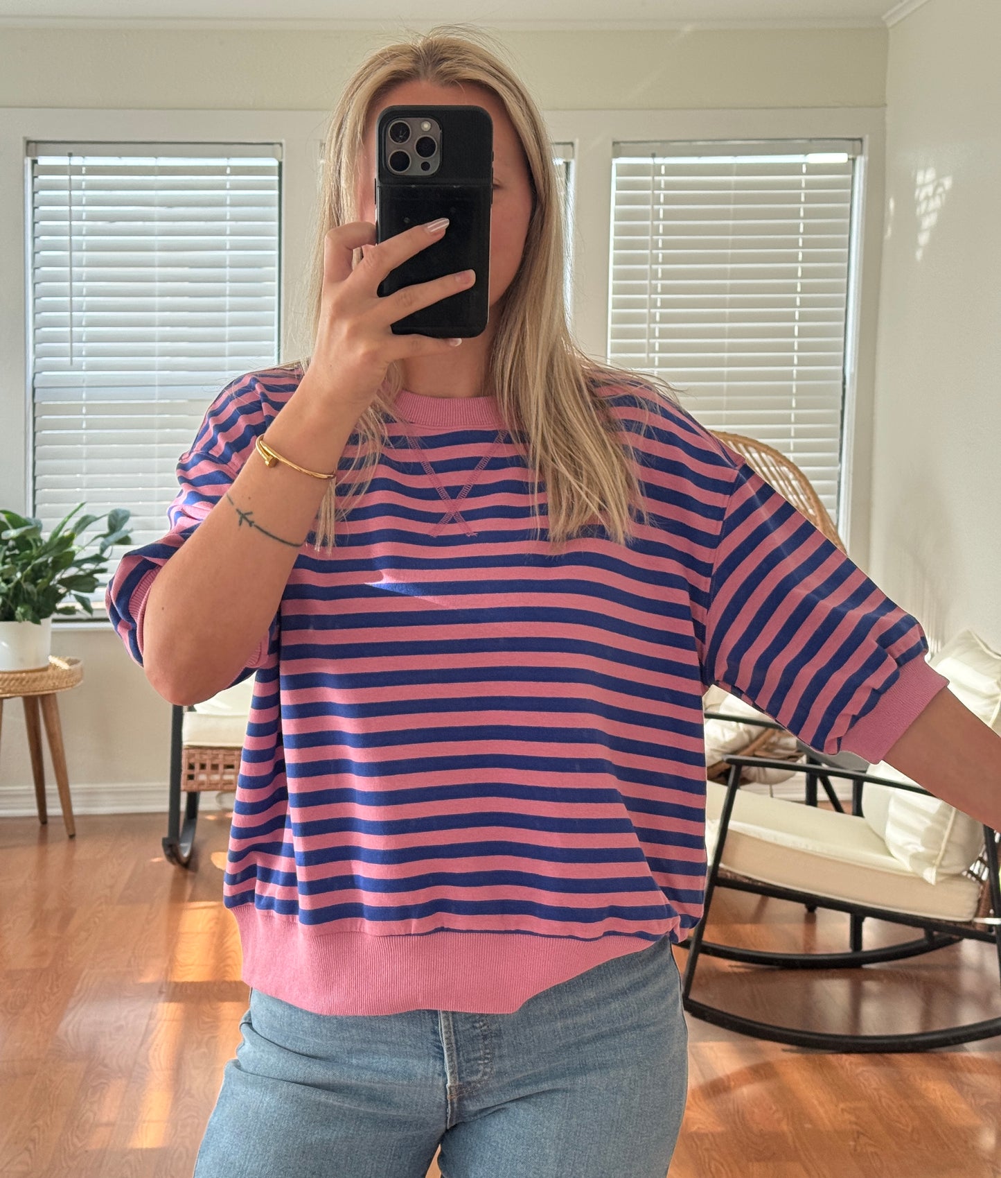 Striped Contrast Trim Top - Pink & Royal Blue