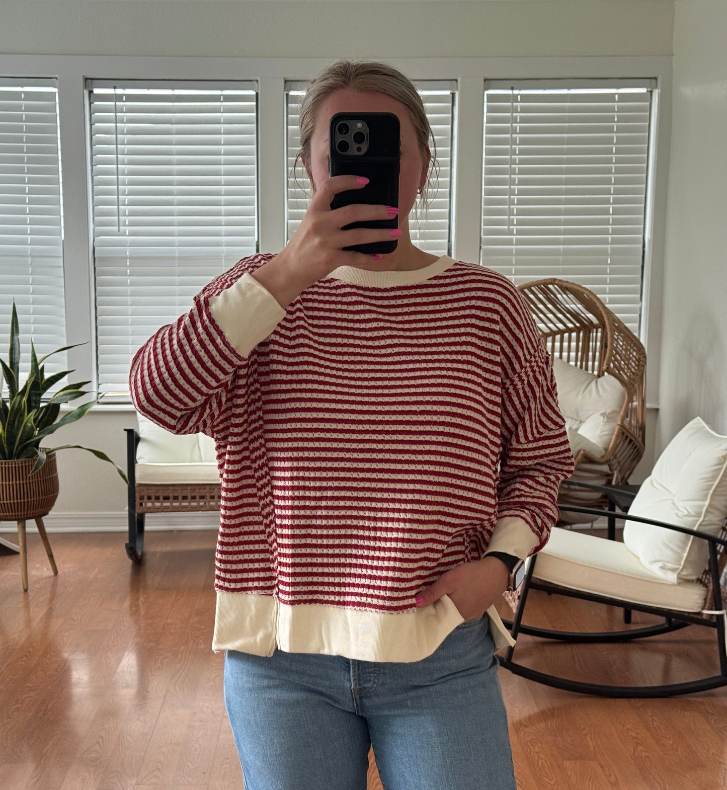 Striped Split Hem Knit Top - Red + Cream