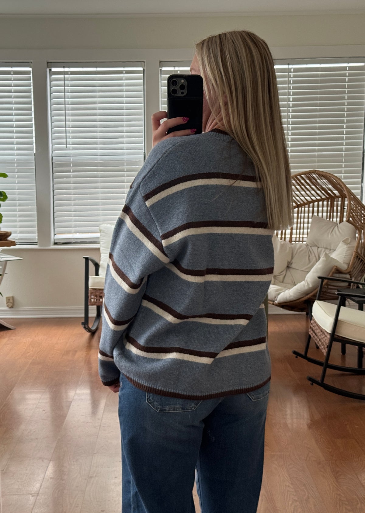 Striped Button Down Knit Cardigan - Blue + Brown