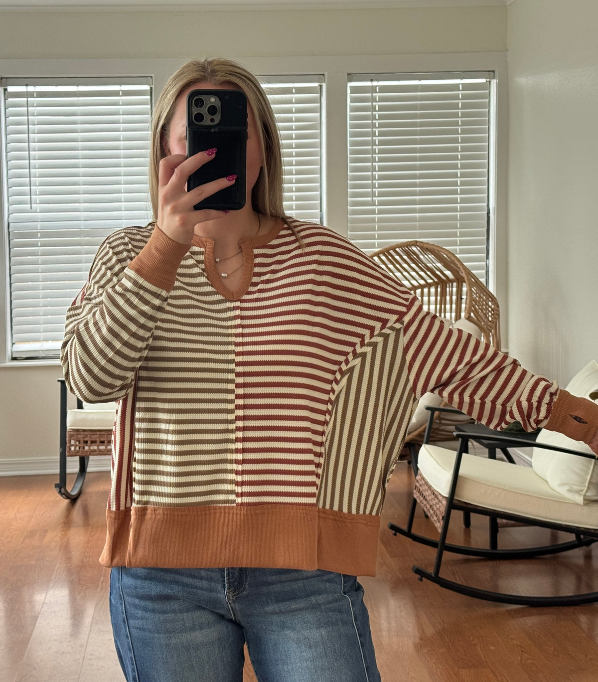 Vintage Striped Sweater Top - Mocha + Rust
