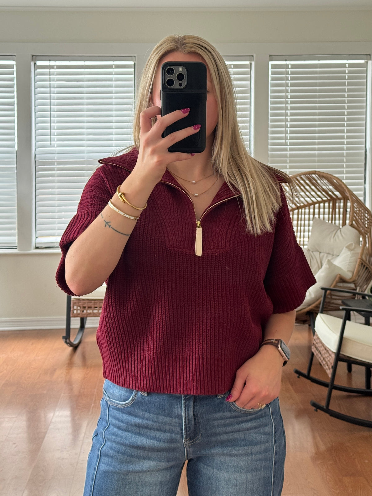 1/4 Zip Knit Short Sleeve Sweater - Burgundy