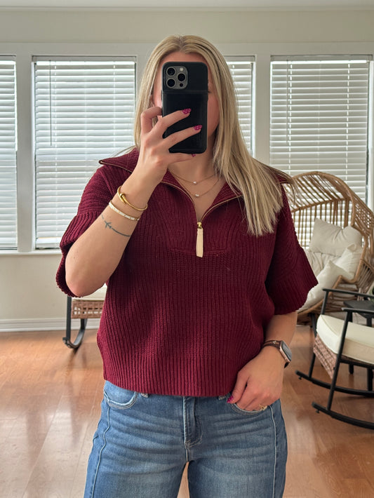 1/4 Zip Knit Short Sleeve Sweater - Burgundy