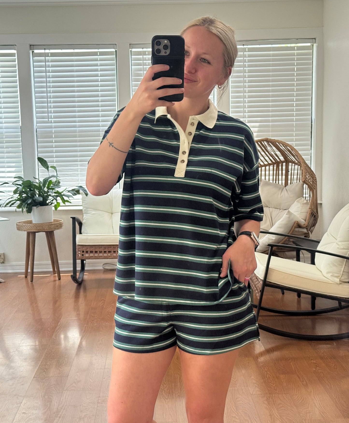 Striped Polo Top & Shorts Set - Navy Blue