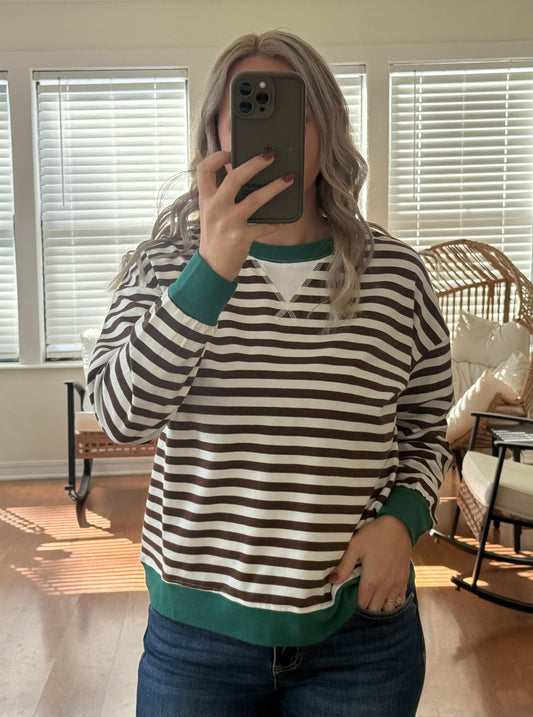 Striped Long Sleeve Pullover - Brown + Green