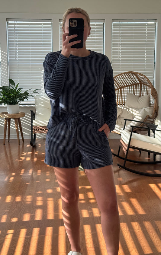 Ribbed LS/Shorts Matching Set - Navy Blue