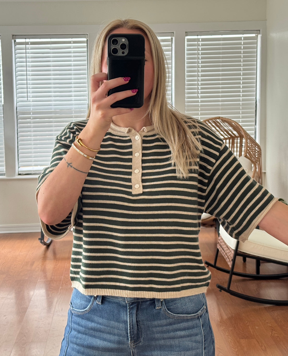 Striped S/S Henley Knit Top - Green + Tan