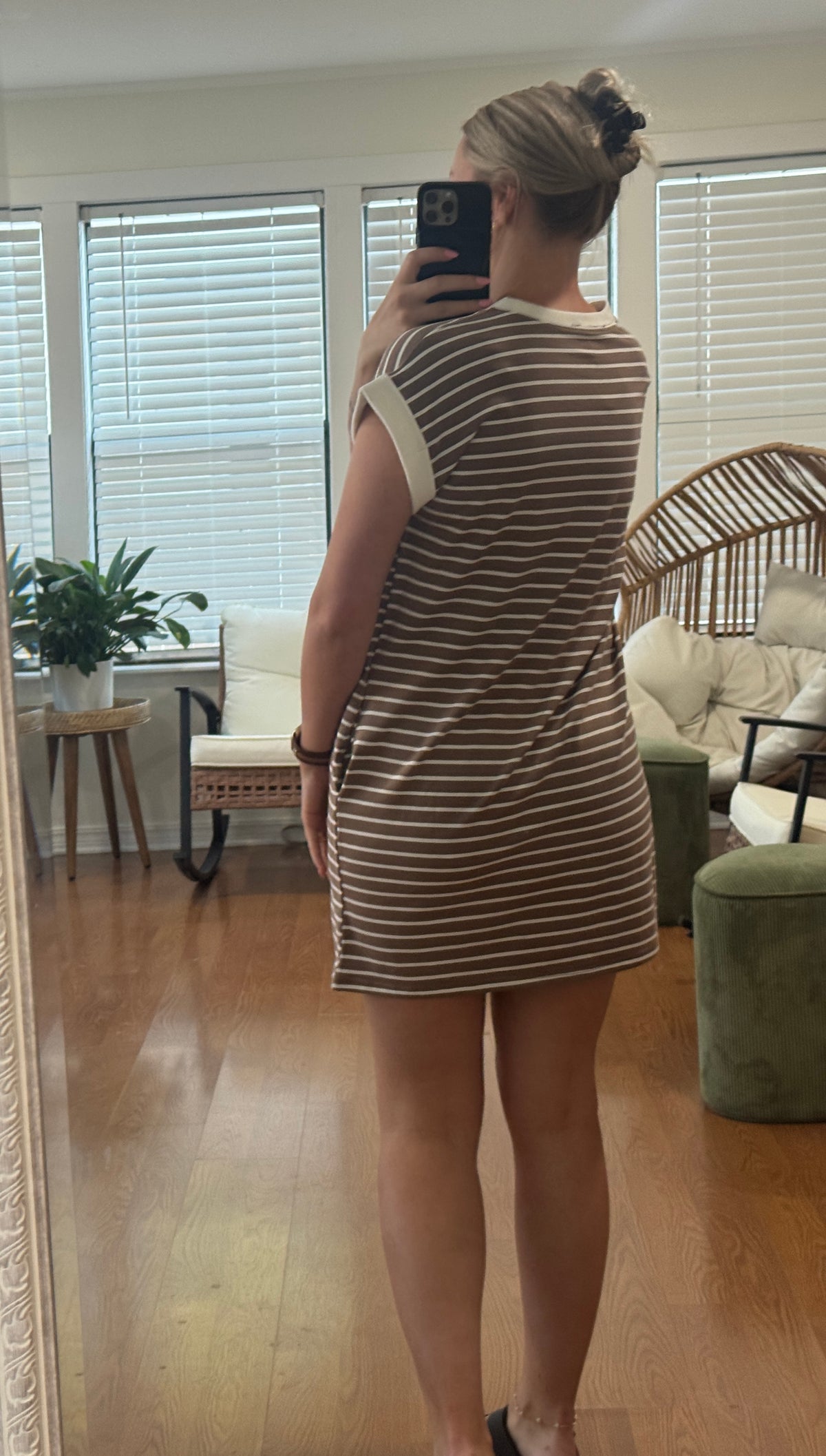 Striped Short Sleeve T-shirt Dress - Mocha