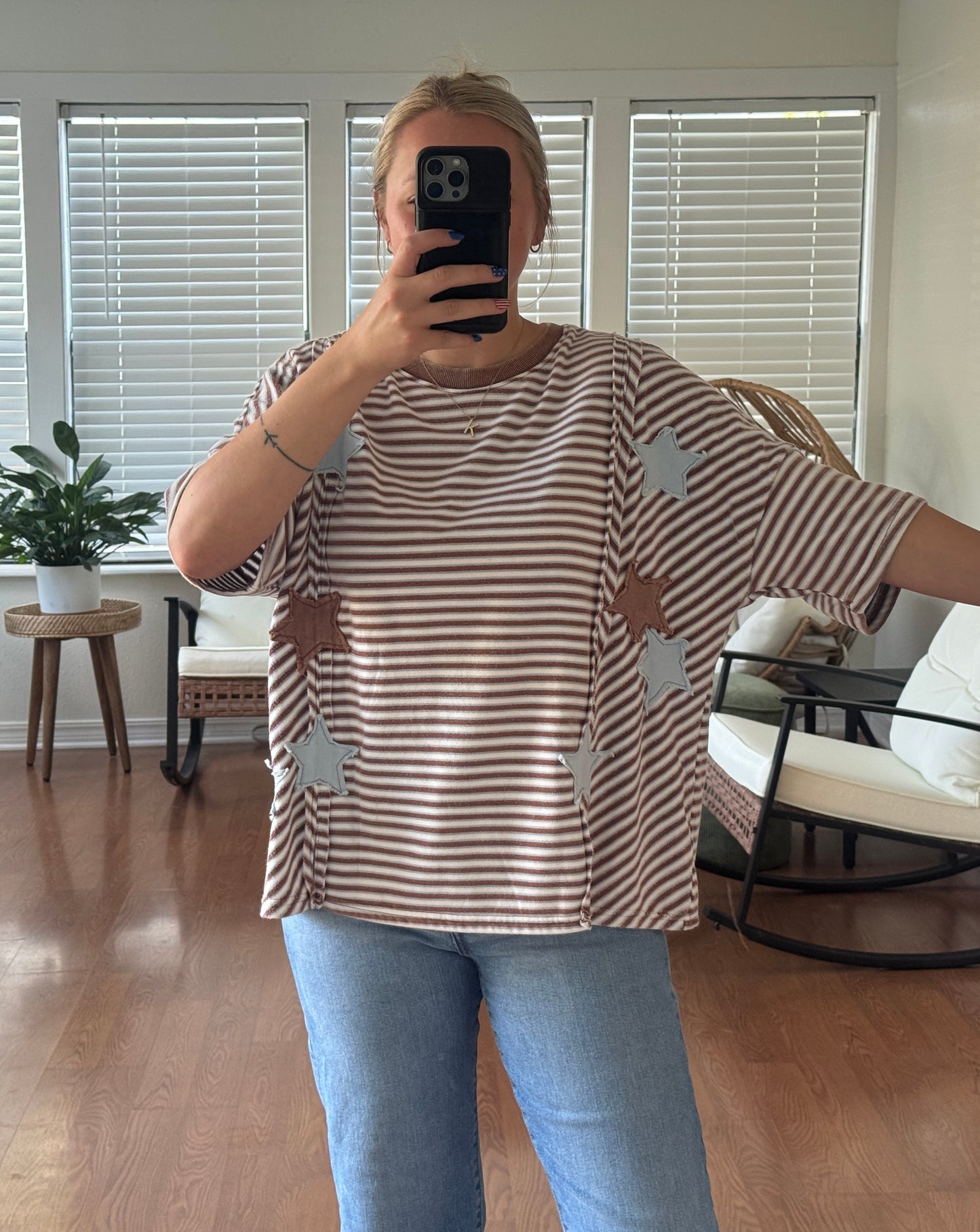 Striped Star Detailing Terry Cloth Top - Brown + Blue