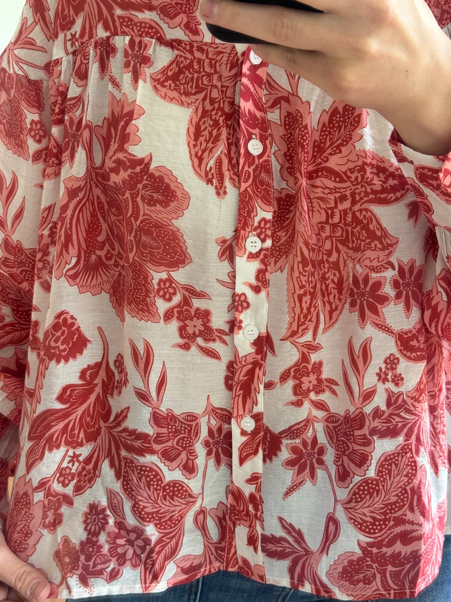 Floral Sheer Button Down Blouse - Strawberry