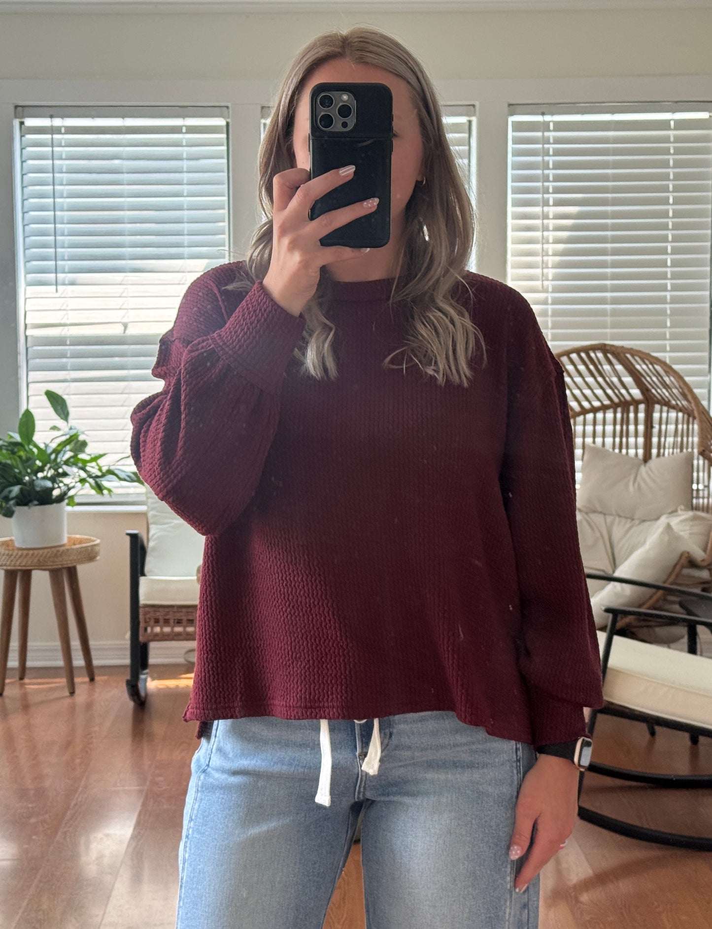 Textured Long Sleeve Knit Top - Burgundy