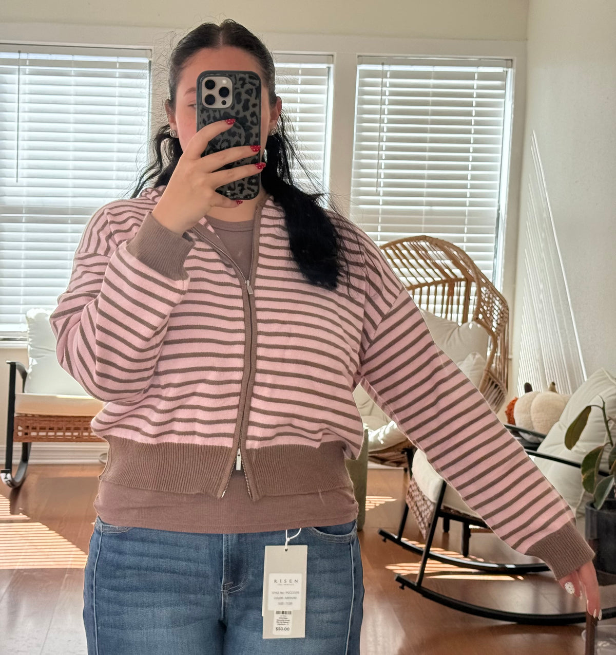 Striped Zip Up Knit Hoodie - Pink + Brown