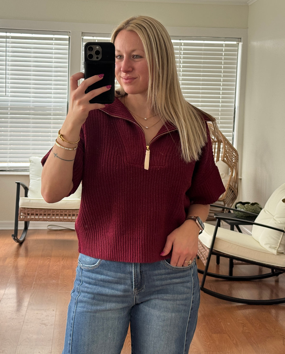 1/4 Zip Knit Short Sleeve Sweater - Burgundy