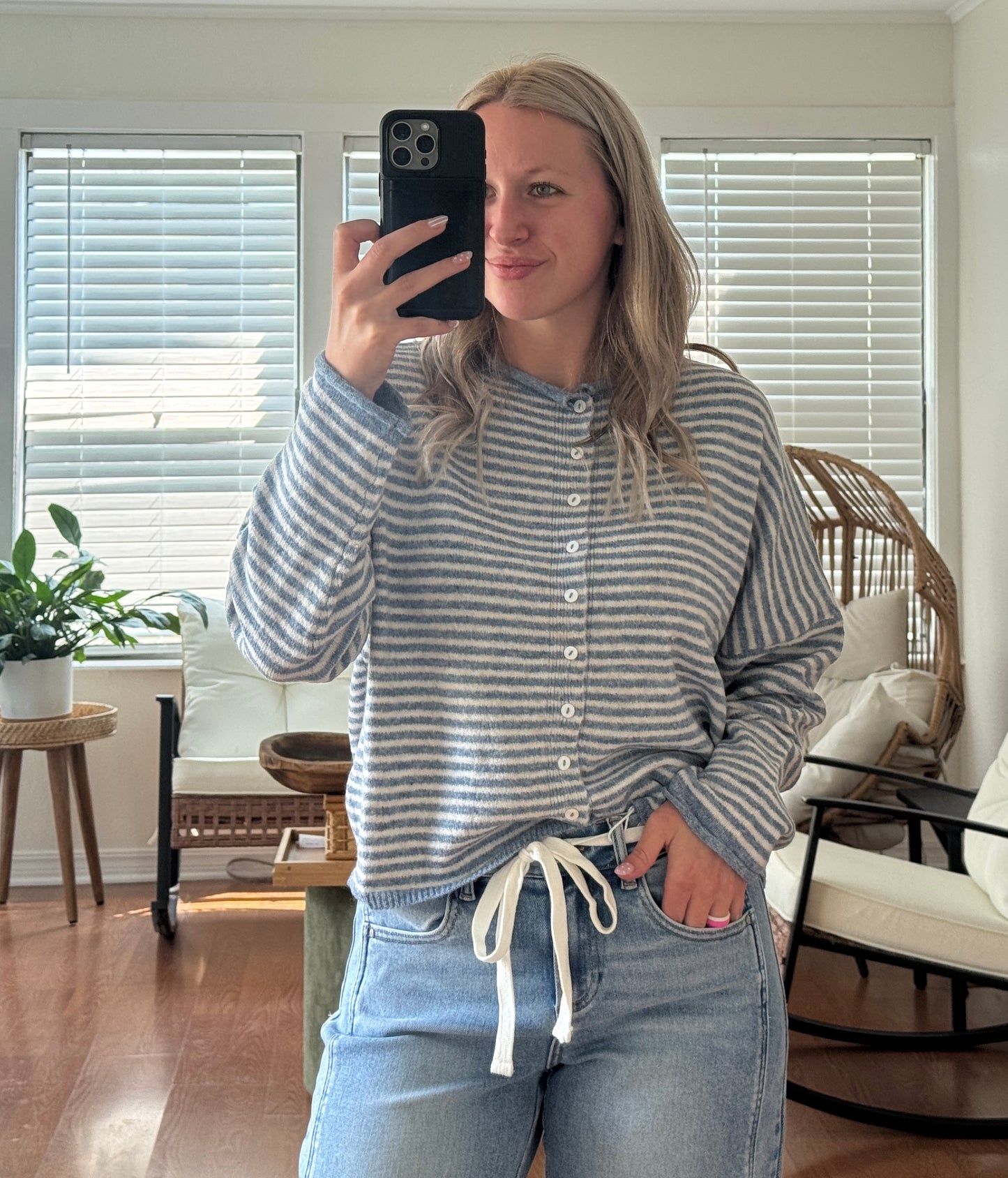 Stripe Raw Edge Knit Cardigan - Dusty Blue + White