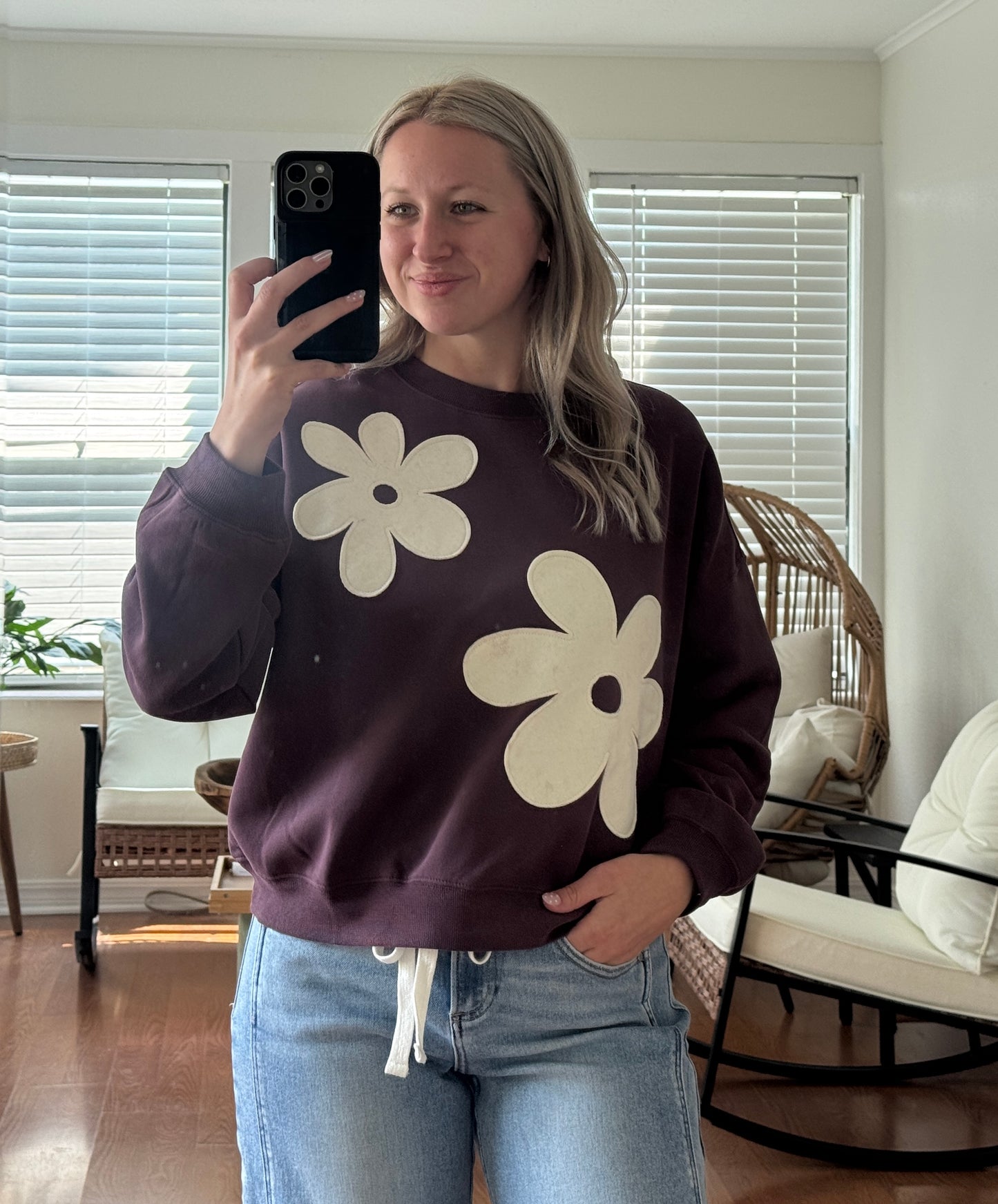 Floral Applique Sweatshirt - Dark Purple