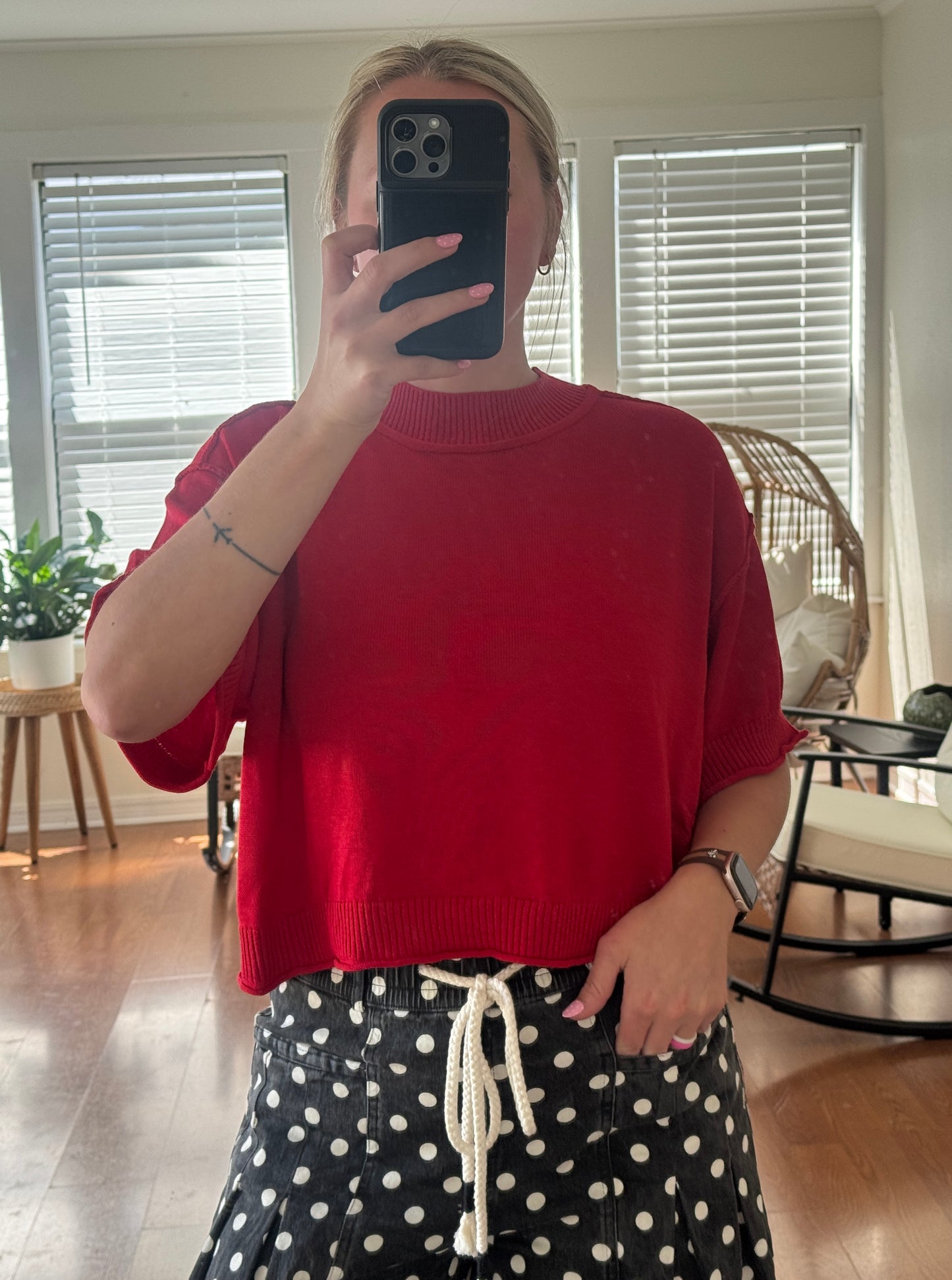 Mock Neck Short Sleeve Sweater - Red