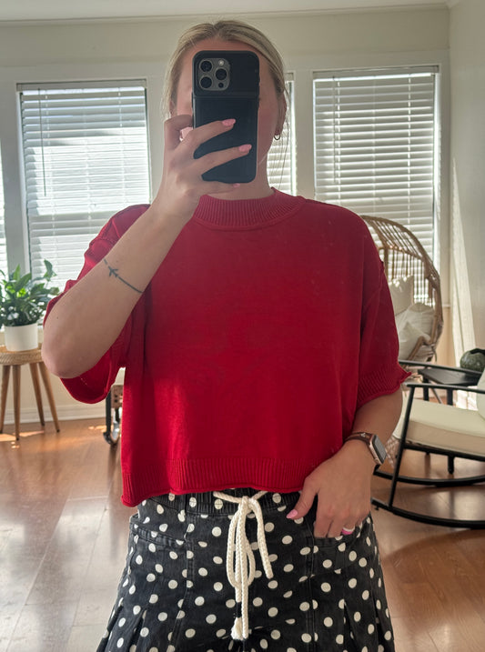 Mock Neck Short Sleeve Sweater - Red