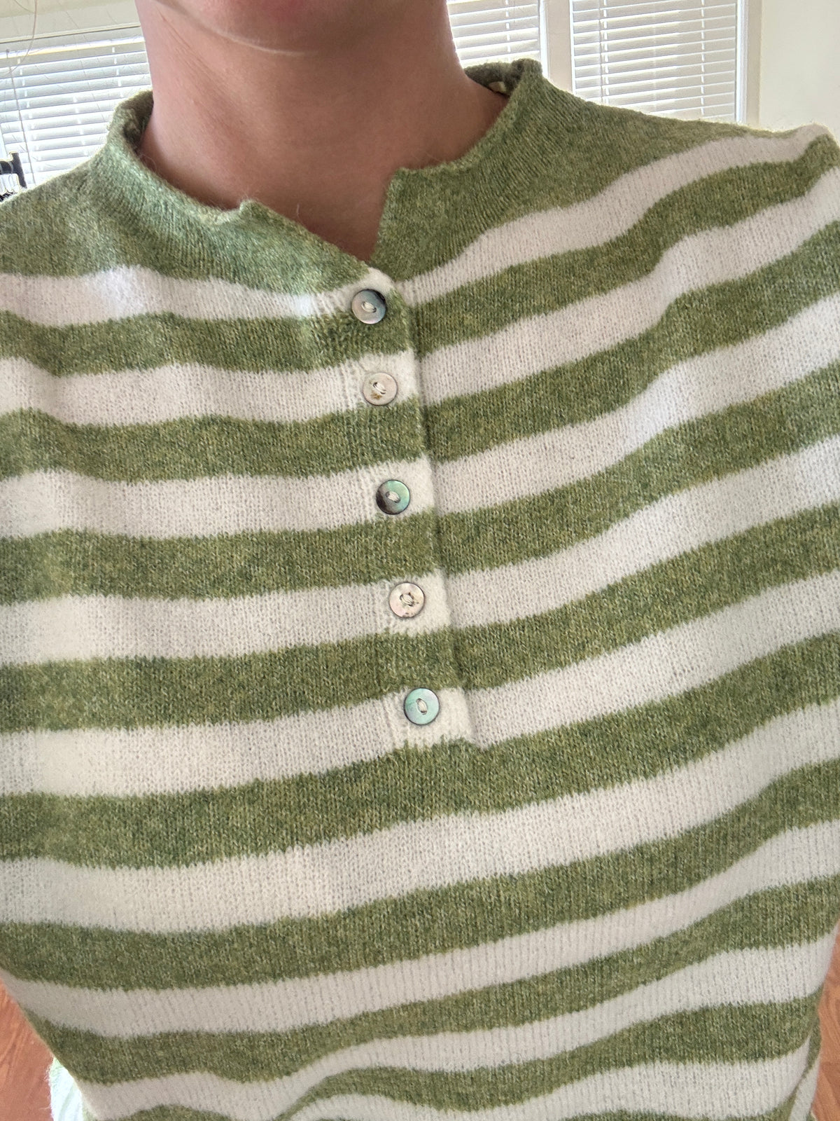 Striped Henley Button Sweater - Green