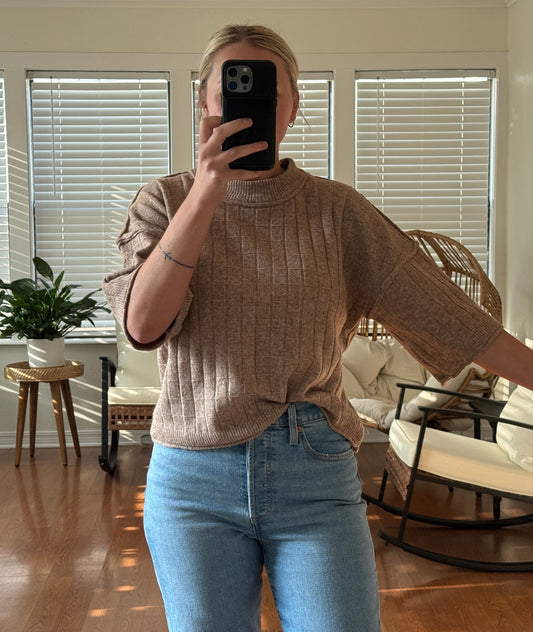 Ribbed Knit Short Sleeve Sweater - Mocha