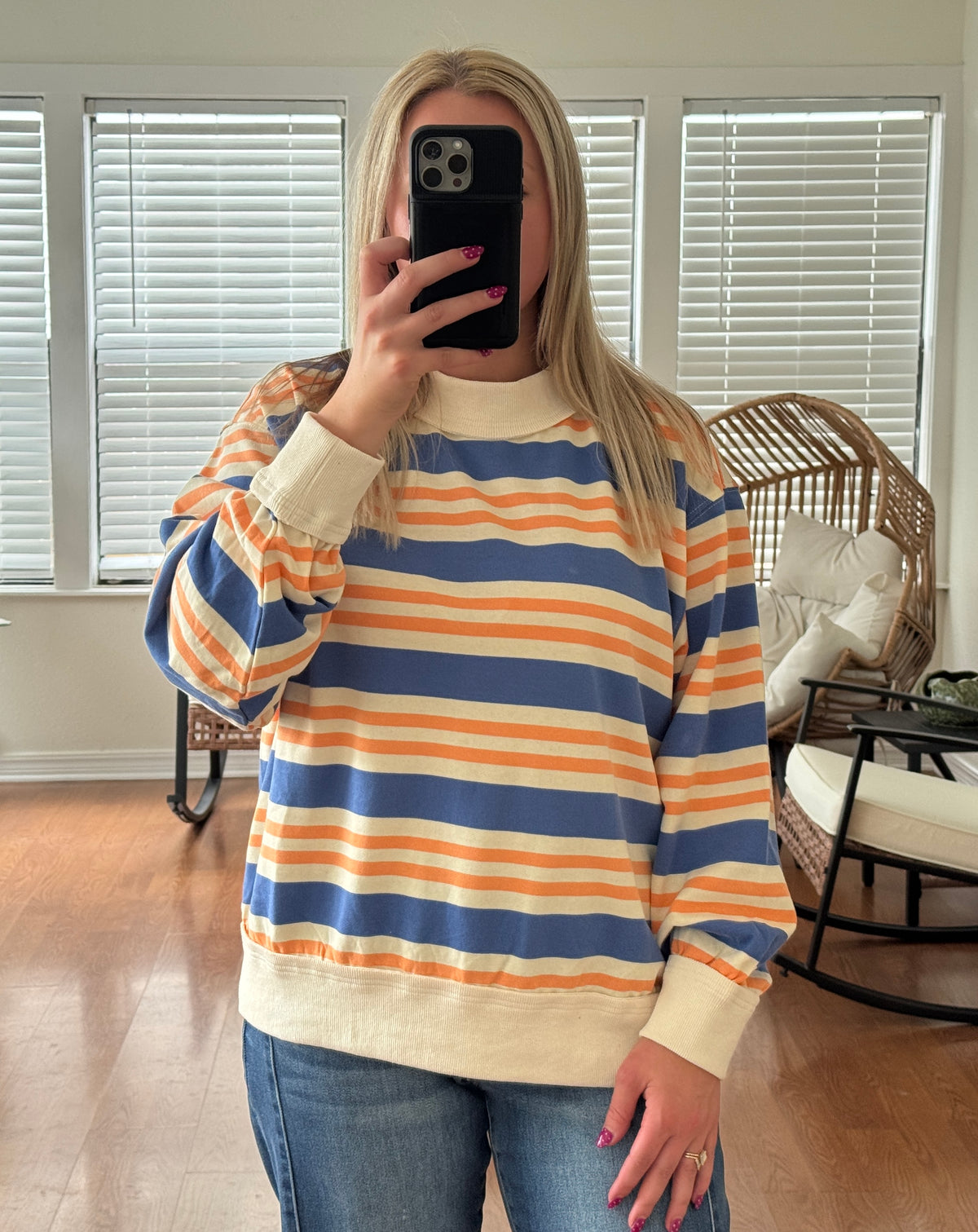 Striped Oversized Terry Sweatshirt - Blue + Apricot