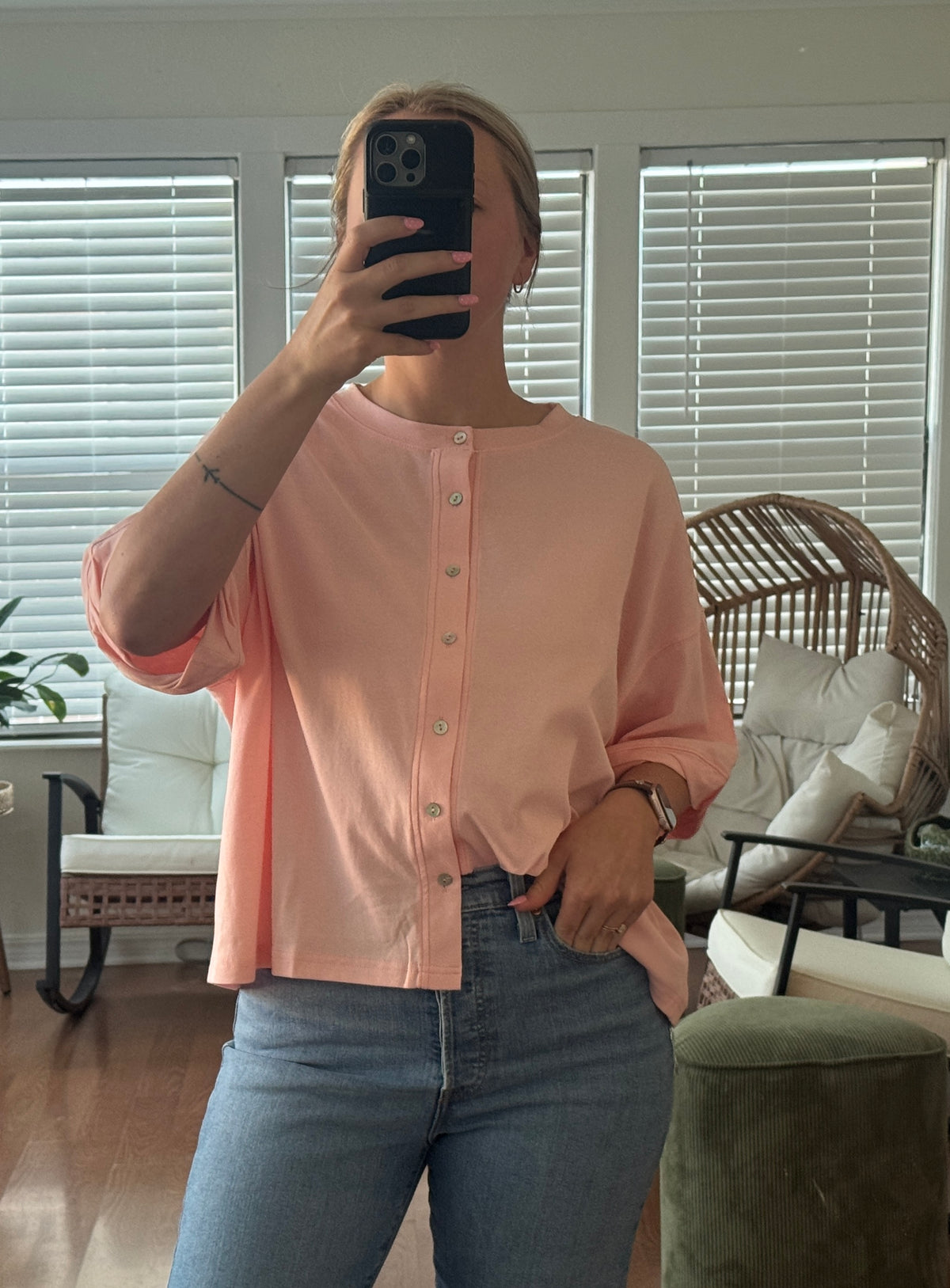Oversized Button Front Knit Top - Pink