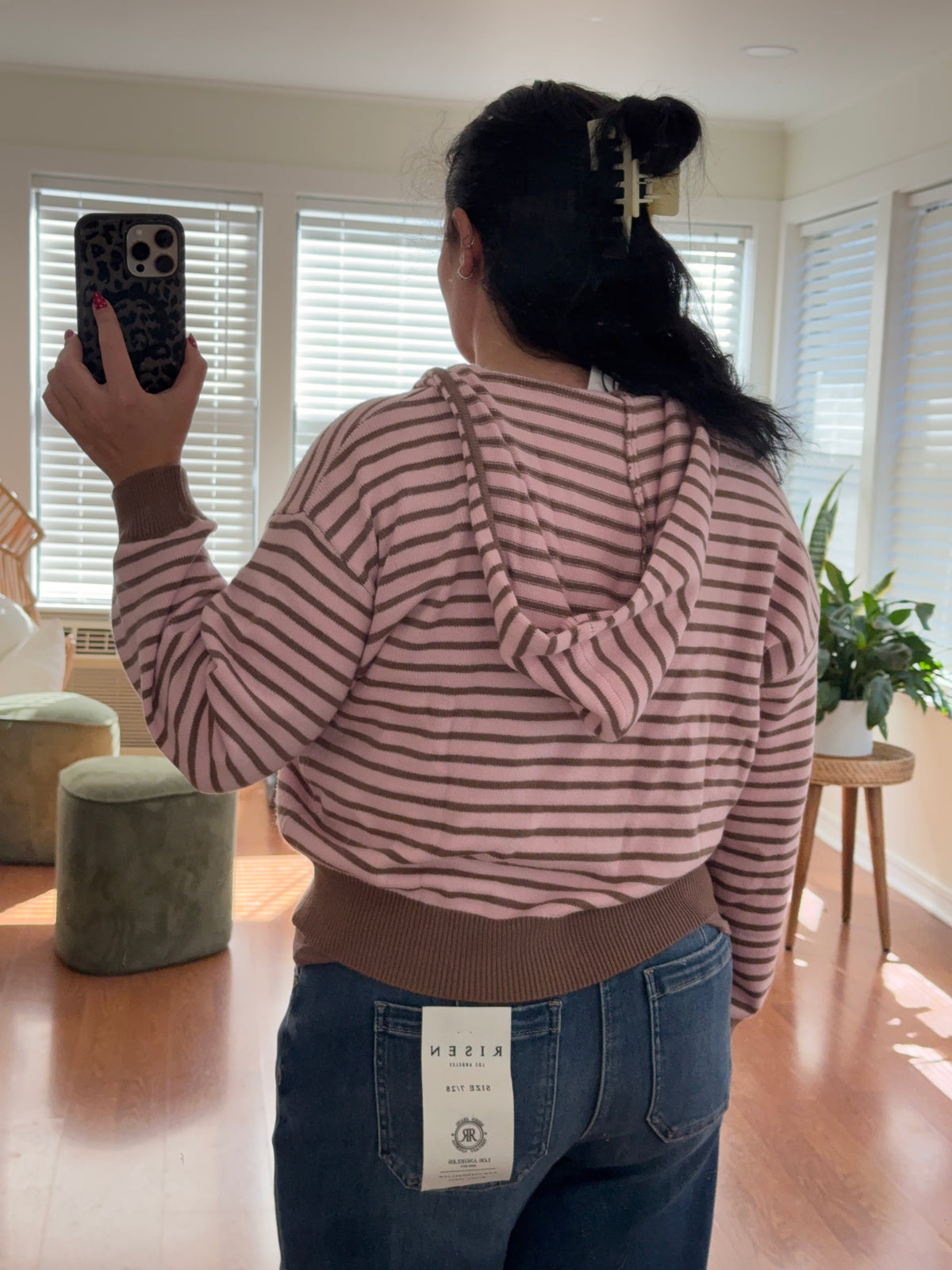 Striped Zip Up Knit Hoodie - Pink + Brown