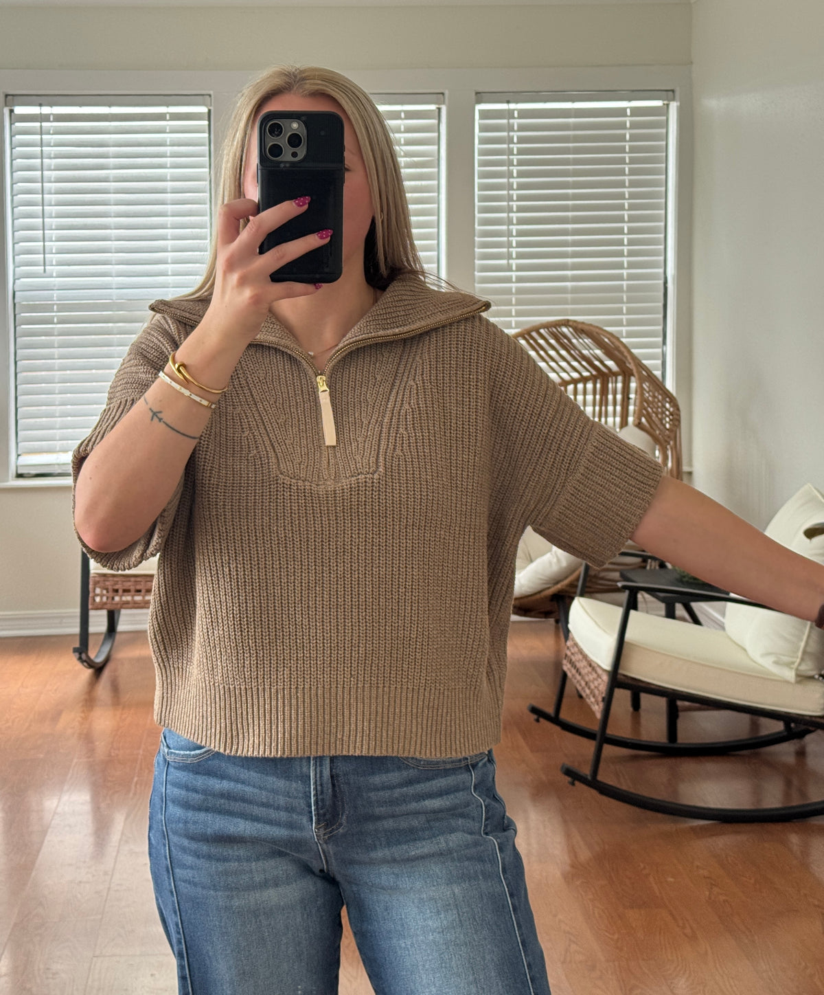 1/4 Zip Knit Short Sleeve Sweater - Mocha