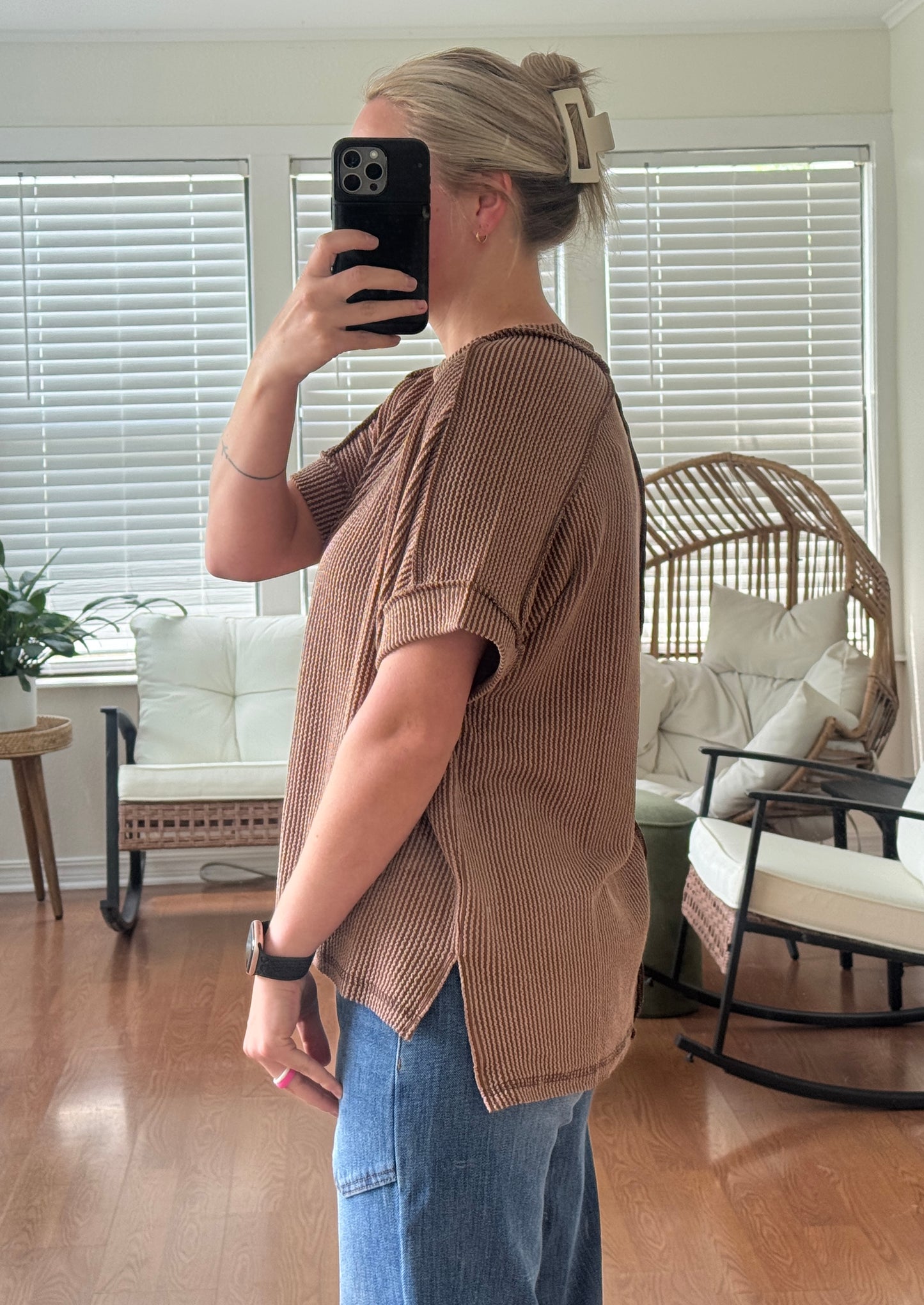 Ribbed Short Sleeve Tee - Brown