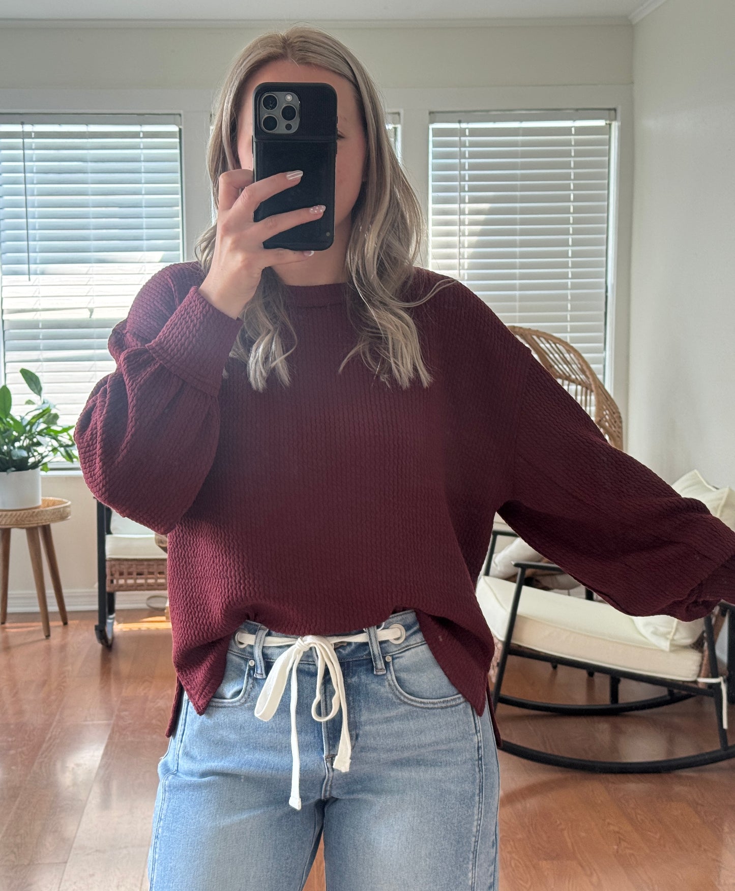 Textured Long Sleeve Knit Top - Burgundy