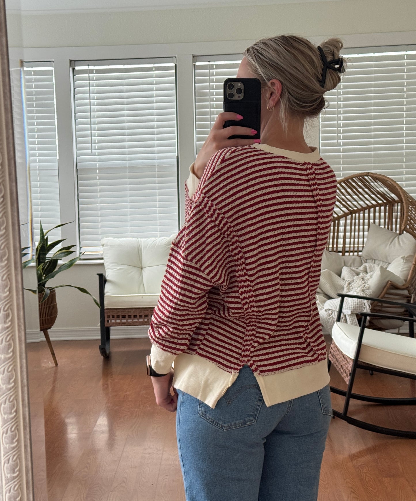 Striped Split Hem Knit Top - Red + Cream