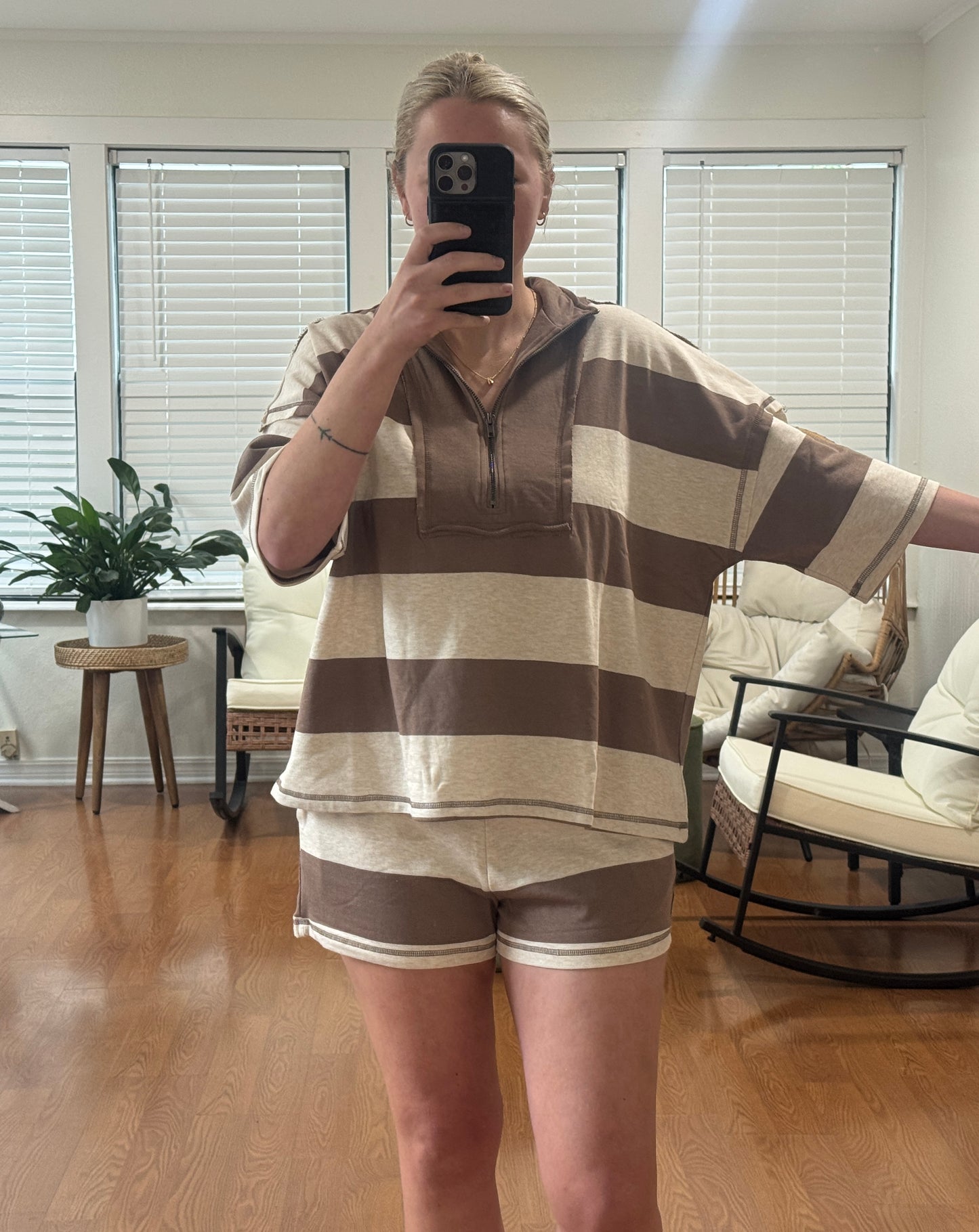 Striped Half Zip Top & Shorts Set - Mocha