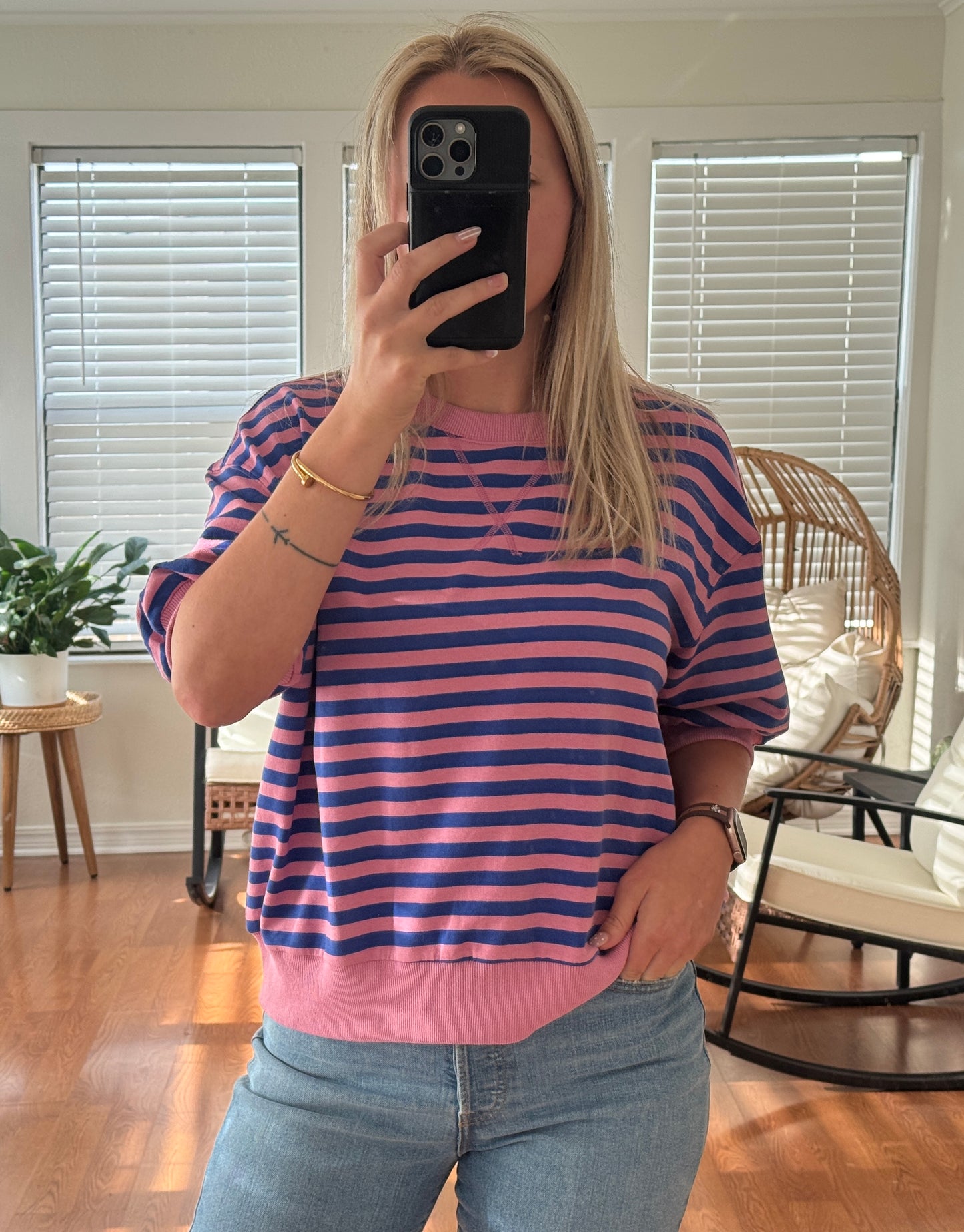 Striped Contrast Trim Top - Pink & Royal Blue