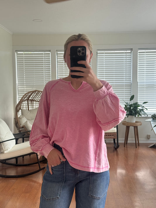 Raw Edge Seam Long Sleeve Top - Pink
