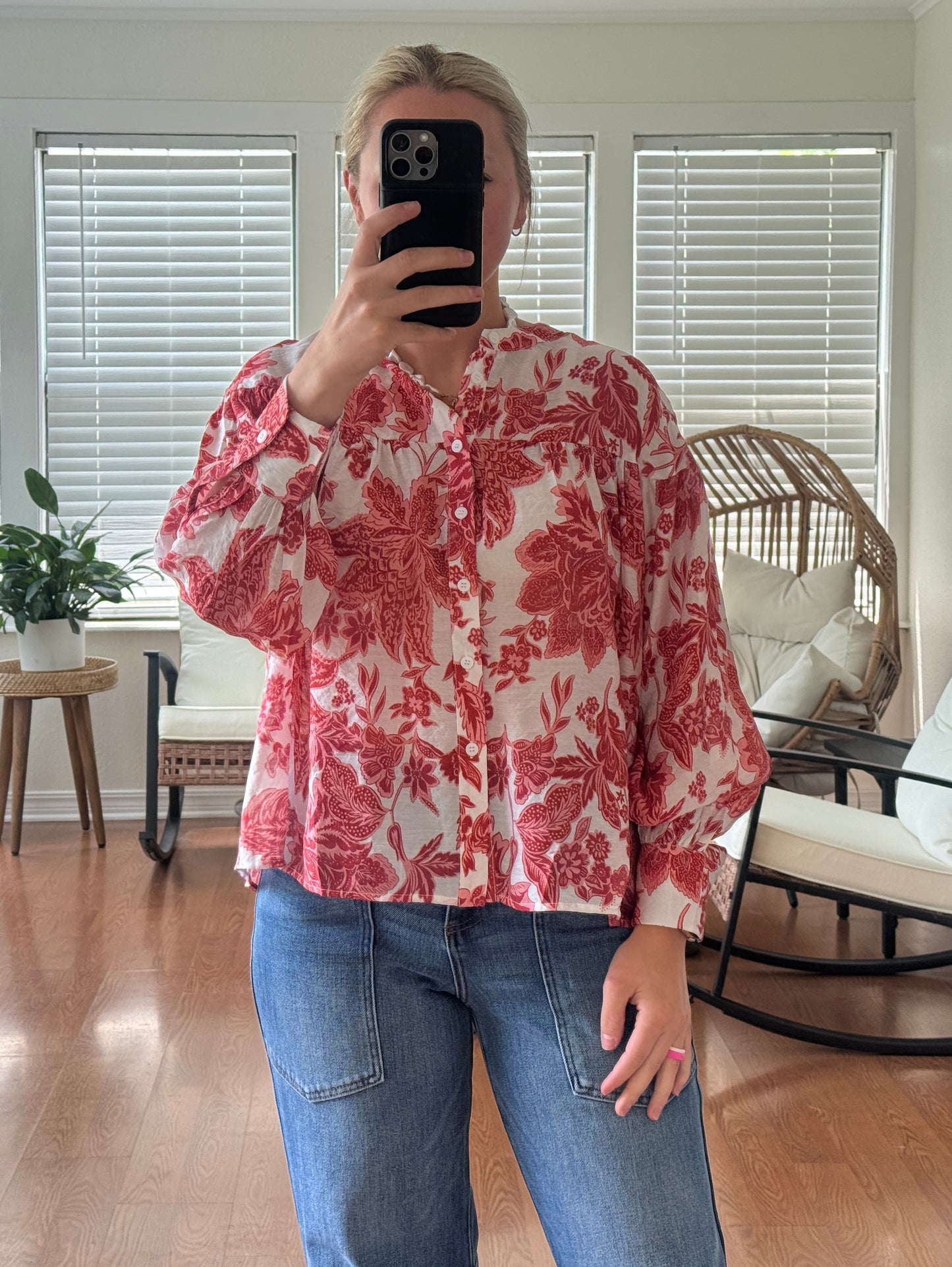 Floral Sheer Button Down Blouse - Strawberry