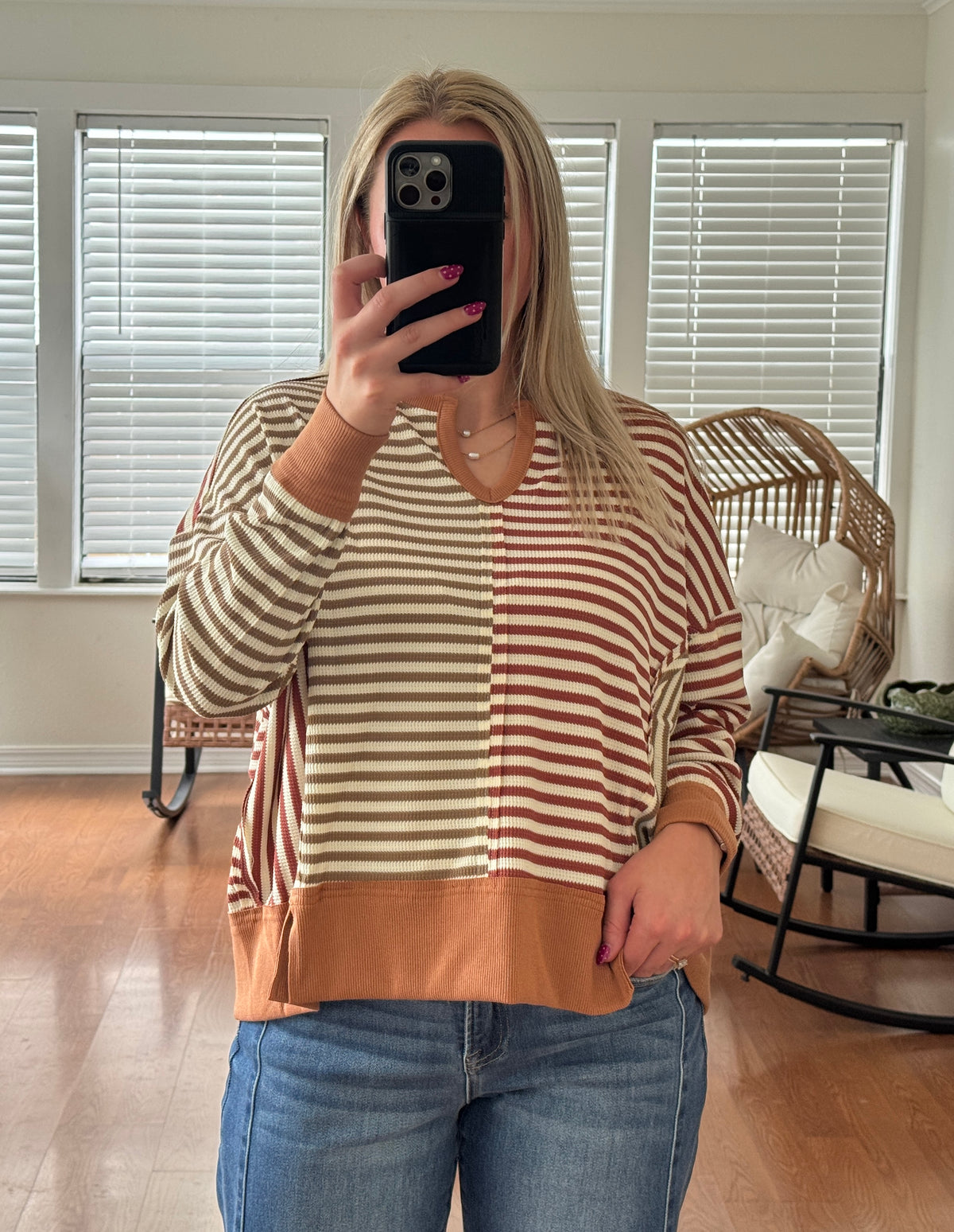 Vintage Striped Sweater Top - Mocha + Rust