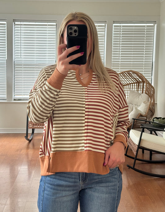 Vintage Striped Sweater Top - Mocha + Rust