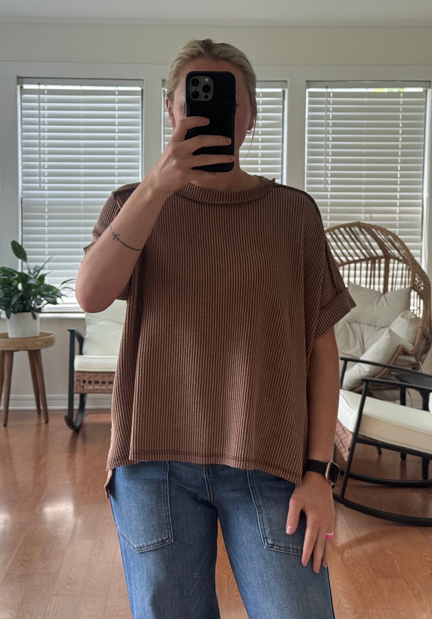 Ribbed Short Sleeve Tee - Brown