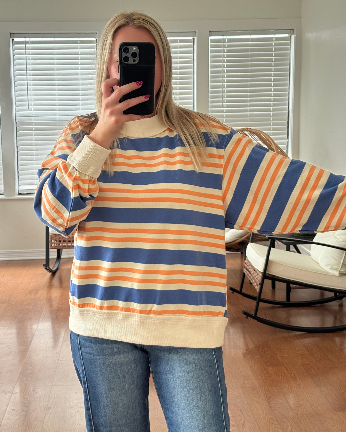 Striped Oversized Terry Sweatshirt - Blue + Apricot