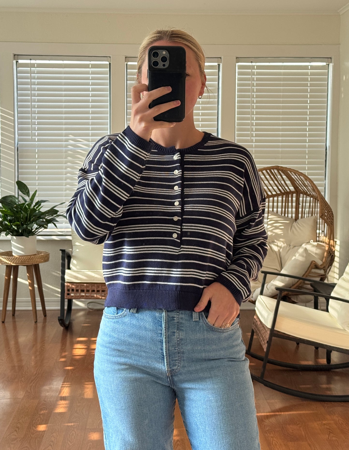 Striped Henley Sweater - Navy Blue