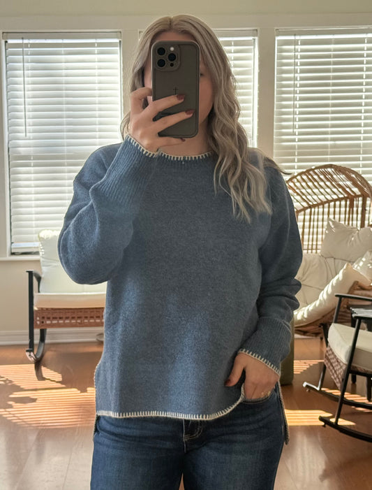 Contrast Stitch Wool Sweater - Navy