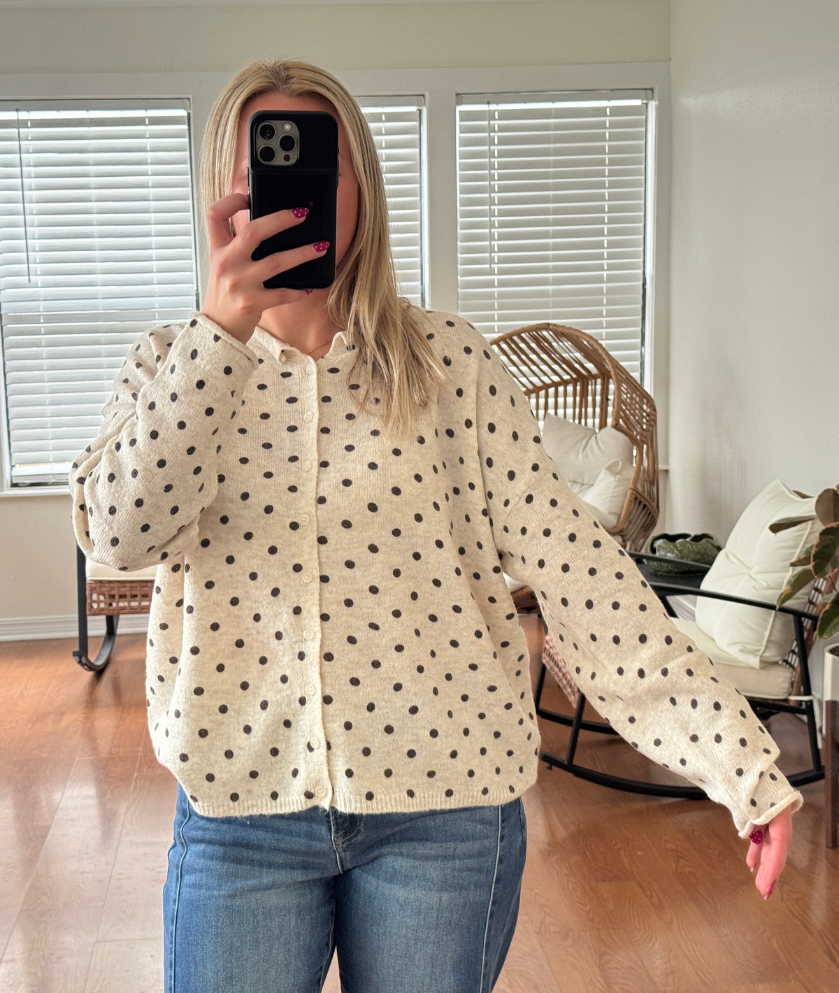 Polka Dot Raw Edge Knit Cardigan - Cream + Brown