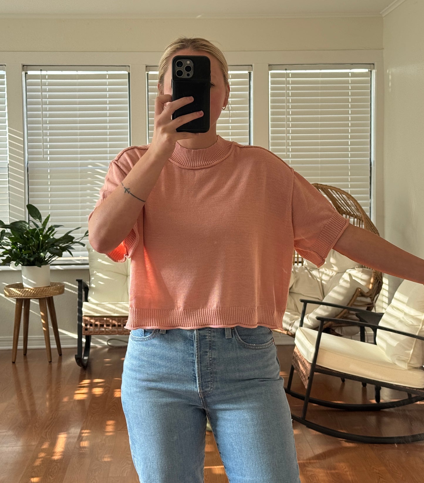 Mock Neck Short Sleeve Sweater - Coral