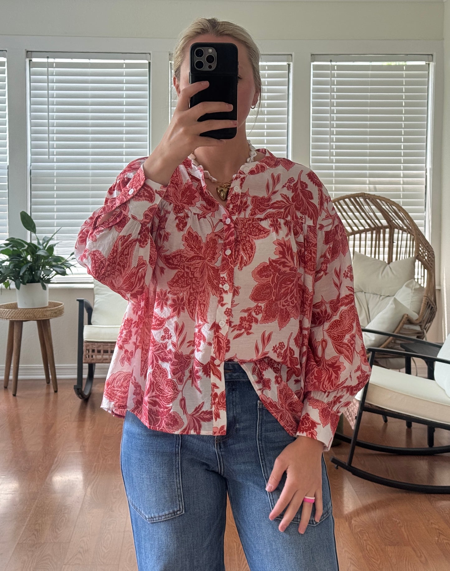 Floral Sheer Button Down Blouse - Strawberry